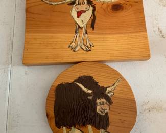 #57	2 Wood carving paintings of longhorn and buffalo PAIR	 $20.00 			