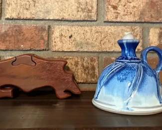 Blue Drip Glazed Pottery Lamp And Hand Crafted Wood Puzzle