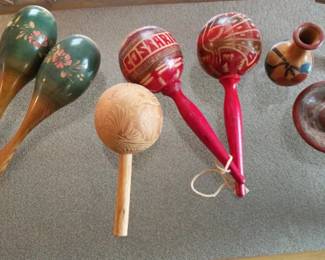 Collection Of Vintage Latin American Maracas And Small Pottery