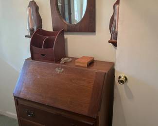 fold out desk, jewelery holder, mirrors, candle holders