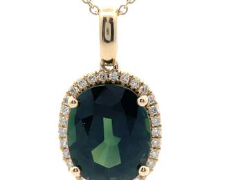 5.47 Carat Natural Green Sapphire & Natural Diamond Oval Halo Pendant Necklace in 14k Gold