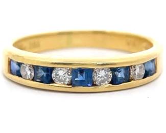 Estate Natural Blue Sapphire & Natural Diamond Half Eternity Channel Ring in 18k Gold