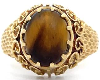 Tiger's Eye Honeycomb Textured Vintage Estate Ring in 18k Yellow Gold