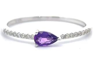 0.28 Carat Pear Natural Amethyst & Natural Diamond Stacking Ring in 14k White Gold