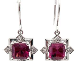 Art Deco 2.59 Carat Natural Red Garnet & Diamond Dangle Earrings in 14k White Gold