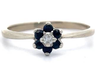 Natural Blue Sapphire & Natural Diamond Cluster Flower Estate Ring in White Gold