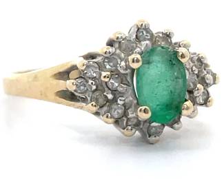 Estate Natural Emerald & Natural Diamond Cluster Split Shank Ring in 14k Yellow Gold