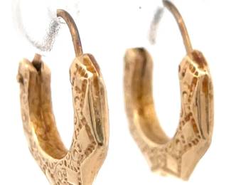 Estate Textured Puffed Oblong Small Hoop Earrings in 14k Yellow Gold