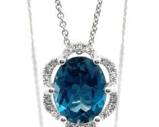 3.25 Carat Natural London Blue Topaz & Natural Diamond Pendant Necklace in 14k Gold