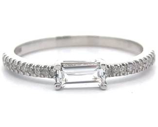 Baguette White Topaz & Pavé Natural Diamond East-West Stacking Ring in 14k White Gold