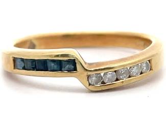 Estate Natural Blue Sapphire & Natural Diamond Zig-Zag Channel Ring in 14k Yellow Gold