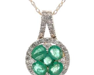 0.25 Carat Natural Diamond & Natural Emerald Cluster Pendant Necklace in 14k Gold