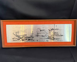 Lot 45: Vintage framed metal etching depicting a harbor scene in Newquay