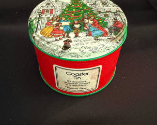 Lot 9: Vintage Potpourri Press Christmas tin w/coasters