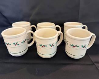 Lot 44: Set of 6 - vintage Longaberger Pottery mugs in the "Traditional Holly" pattern