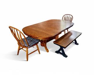 6 VintageSolidOakDiningTablewithLeafandBenchSet