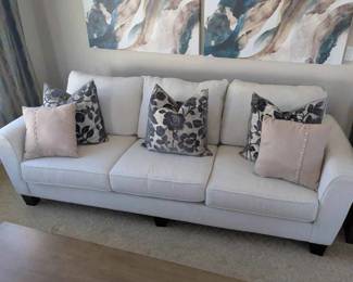 KR130Ecru Colored 3 Cushion Couch With 3 Down Velvet Pillows  2 Bedazzled Pillows