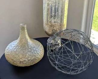 KR128Mercury Glass Hurricane Candle Holder With Pedestal Base, Decorative Vase,  Metal Sculpture 