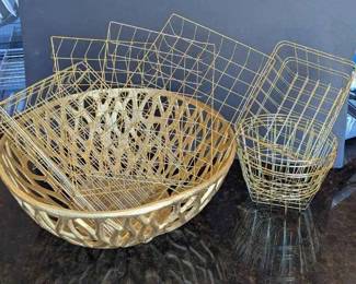 KR163Aluminum Gold Toned Branch Reef Centerpiece Bowl  Several Gold Storage Baskets 