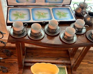 Pewter demitasse set on folding tea cart