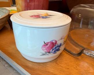 Vintage ceramic lidded canister with fruit pattern
