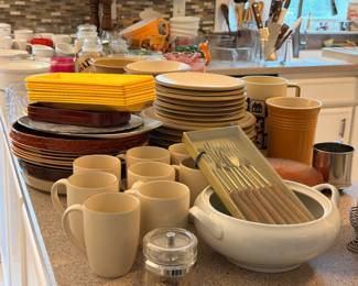 Kitchen lot of mugs, plates, flatware and serving dishes