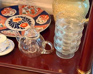 Imari plate, glass teapot and stacking glassware