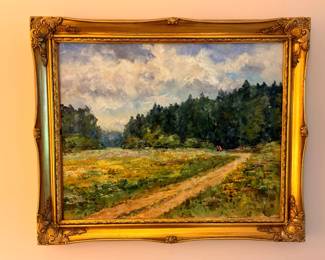 Impressionist pastoral landscape oil painting in ornate gilt frame