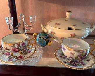 Vintage floral teacup set and porcelain tureen