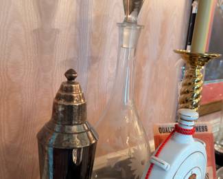 Vintage cocktail shaker and etched decanter