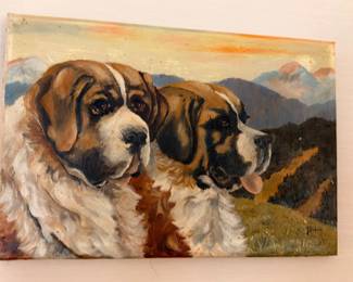 Original oil painting of Saint Bernard dogs on canvas