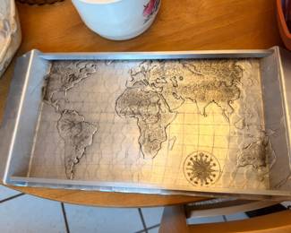 Decorative world map serving tray with compass