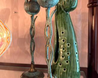 Decorative metal tulip sculpture and ceramic vase