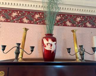 Pair brass candelabras with red cloisonne vase