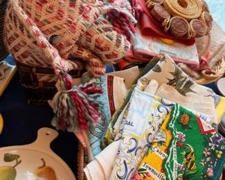 Vintage tea towels, woven throw and basket lot