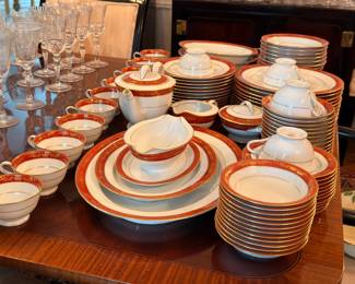 Fine china dinnerware set, red and gold trim