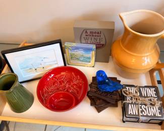 Wine-themed decor, ceramic pitcher and watercolor art