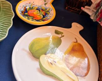 Hand-painted pear platter and Mexican pottery skillet