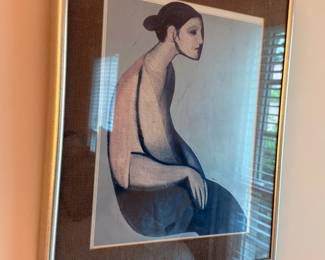 Mid-century modern framed print of seated woman