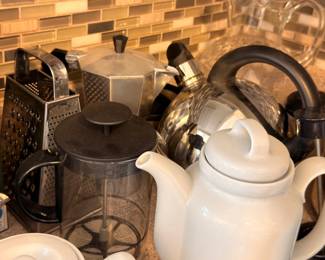 French press, teapots, and kitchen accessories