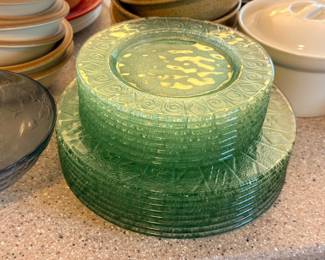 Green depression glass plates set