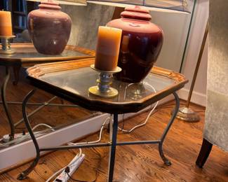 Pair of burgundy ceramic table lamps with pleated shades