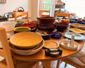 Assorted serving bowls, platters and pottery