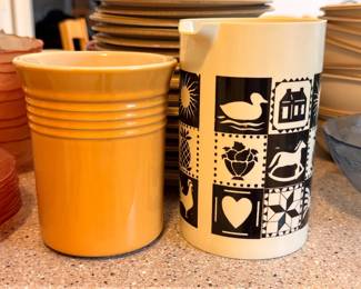 Vintage folk art pitcher and yellow utensil crock