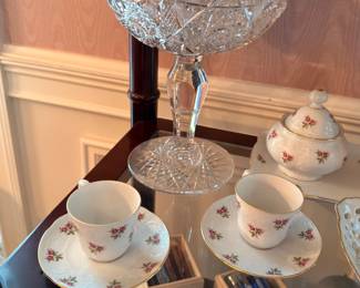 Cut crystal pedestal compote and rose teacups