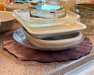 Vintage glass serving platters and casserole dishes