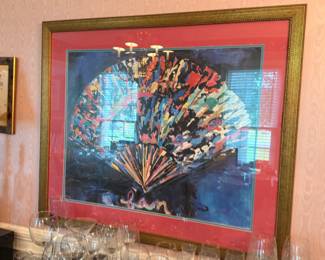 Large modern abstract fan painting, framed