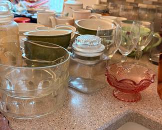 Glassware lot with pink hobnail dish and stemware