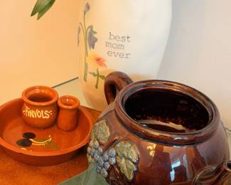 Brown stoneware bean pot, vintage crock and decor
