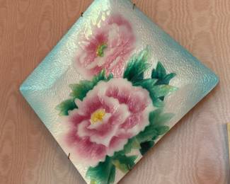 Hand-painted peony ceramic tile art